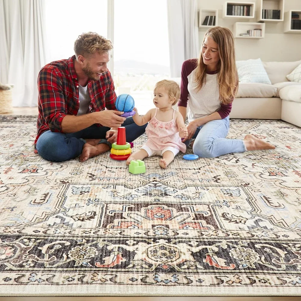Area Rug Living Room Rugs -Soft Machine Washable Oriental Vintage Floral Distressed Rug Large Indoor Floor Carpet
