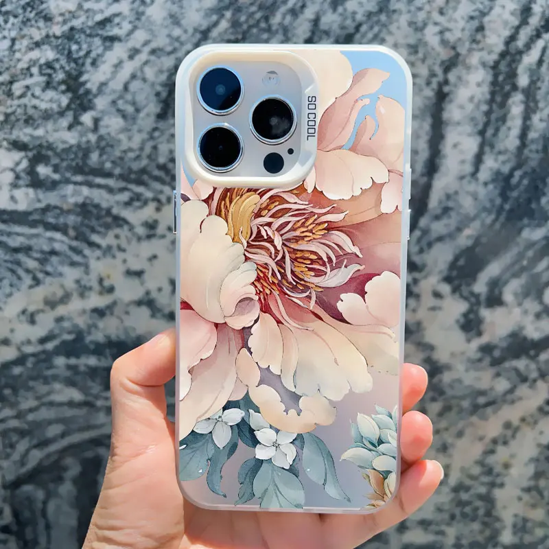 Vintage Elegant Pink Peony Flower Shockproof Laser Phone Case