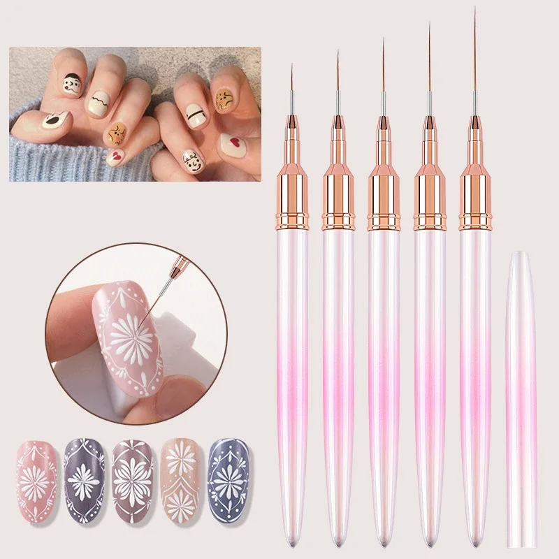 Gradient Nail Art Brush Acrylic French Stripe Line Painting Drawing Flower Pen Metal Handle Gel UV Polish Drawing Liner Brushes