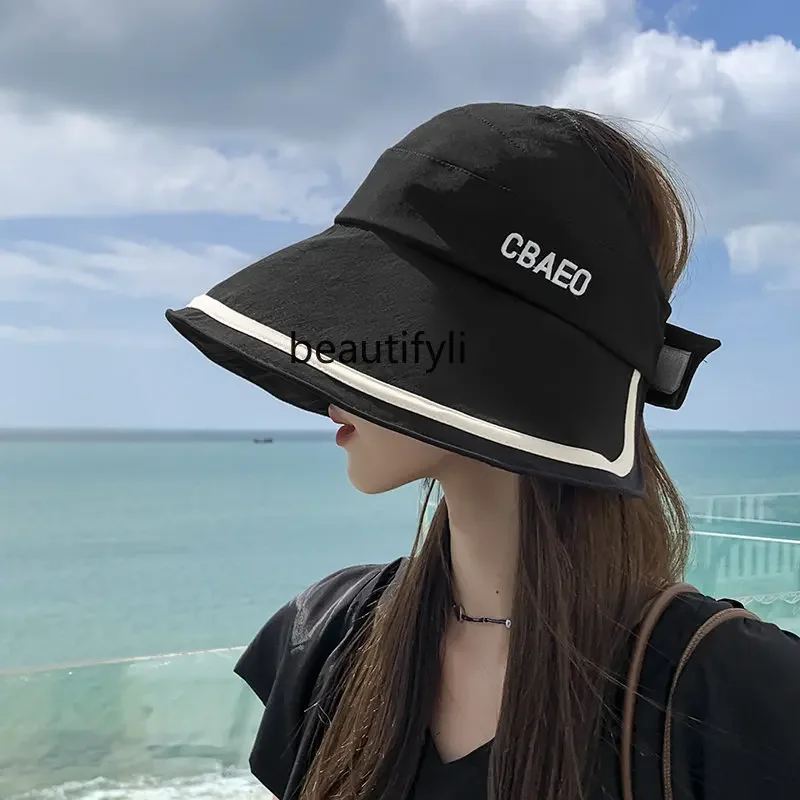 

zq Black Fashion Topless Hat Sun-Proof Travel Bucket Hat Women's Summer Big Brim Face Cover Sun Hat