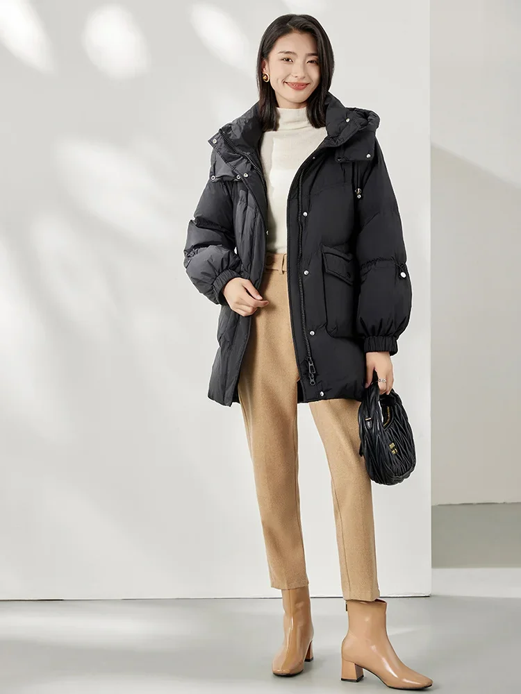 Vimly Black Hooded Zipeer Duck Down Coat 2023 Winter Lightweight Warm Thick Stand Collar Long Sleeve Women Jacket Clothing 50629