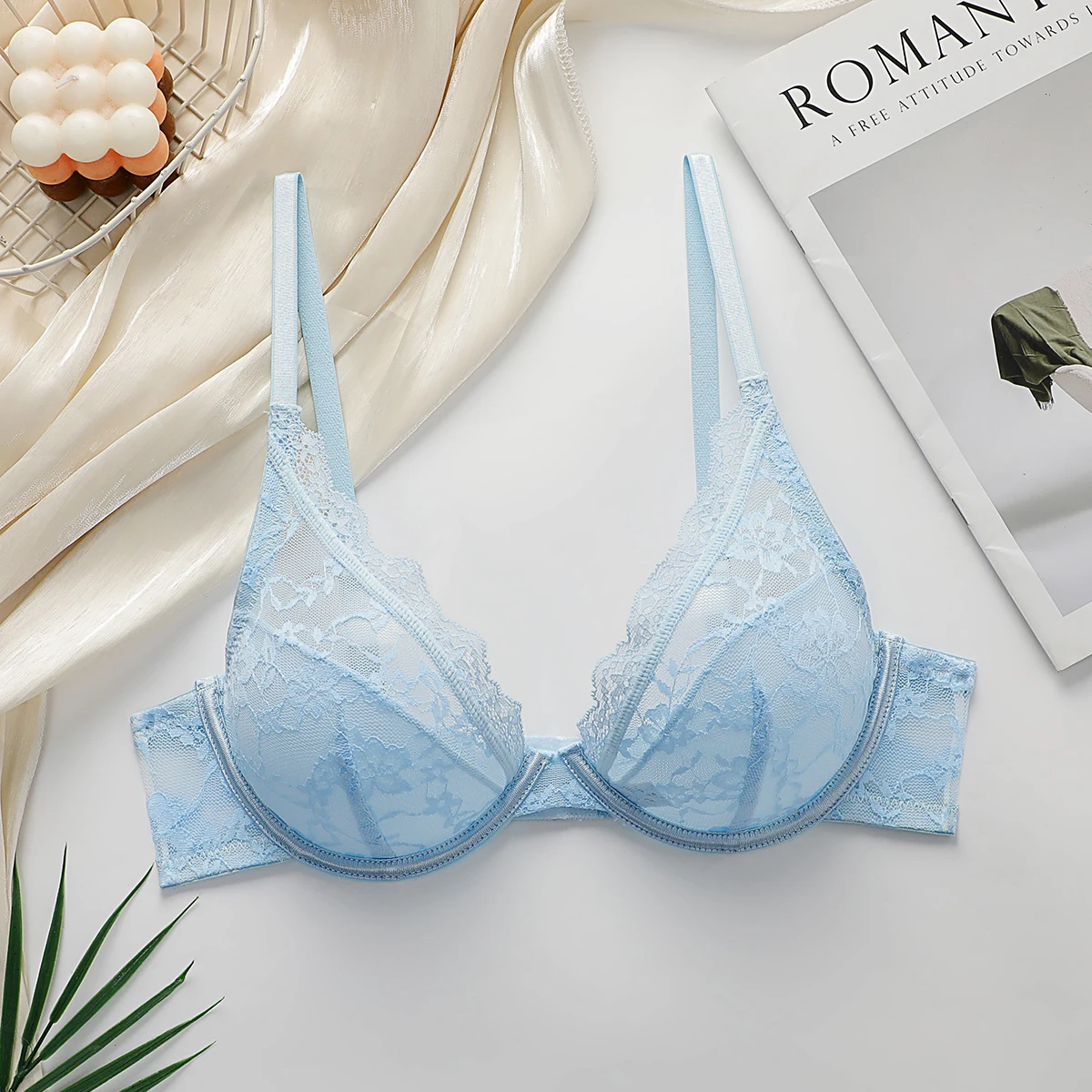 Lace Bralette Push Up Bras for Women blue Lace Underwear Women's steel ring Bra Solid Color Sexy Lingerie Backless Bra MR2635