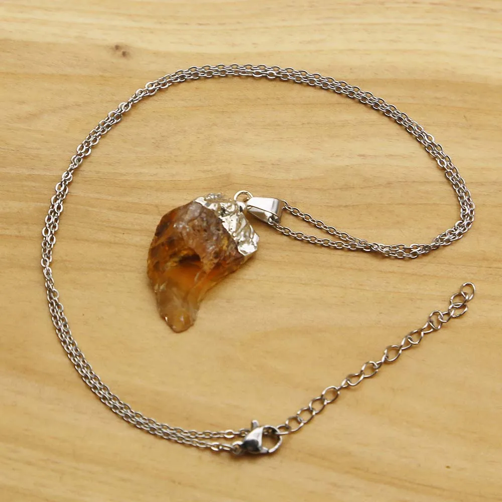 Natural Topaz Raw Ore Irregular Topaz Pendant Electroplated Wrapped Stainless Steel Necklace DIY Reiki Charm Jewelry Gift 4Pcs