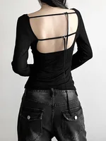Femmes automne à manches longues Slash cou culture hauts élastique Sexy mince dos nu T-Shirts femme nouvelle mode à lacets haut rigide T-Shirts 4