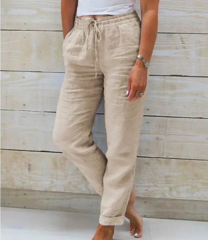 Cotton Linen Pants High Waist Elastic Trousers Streetwear