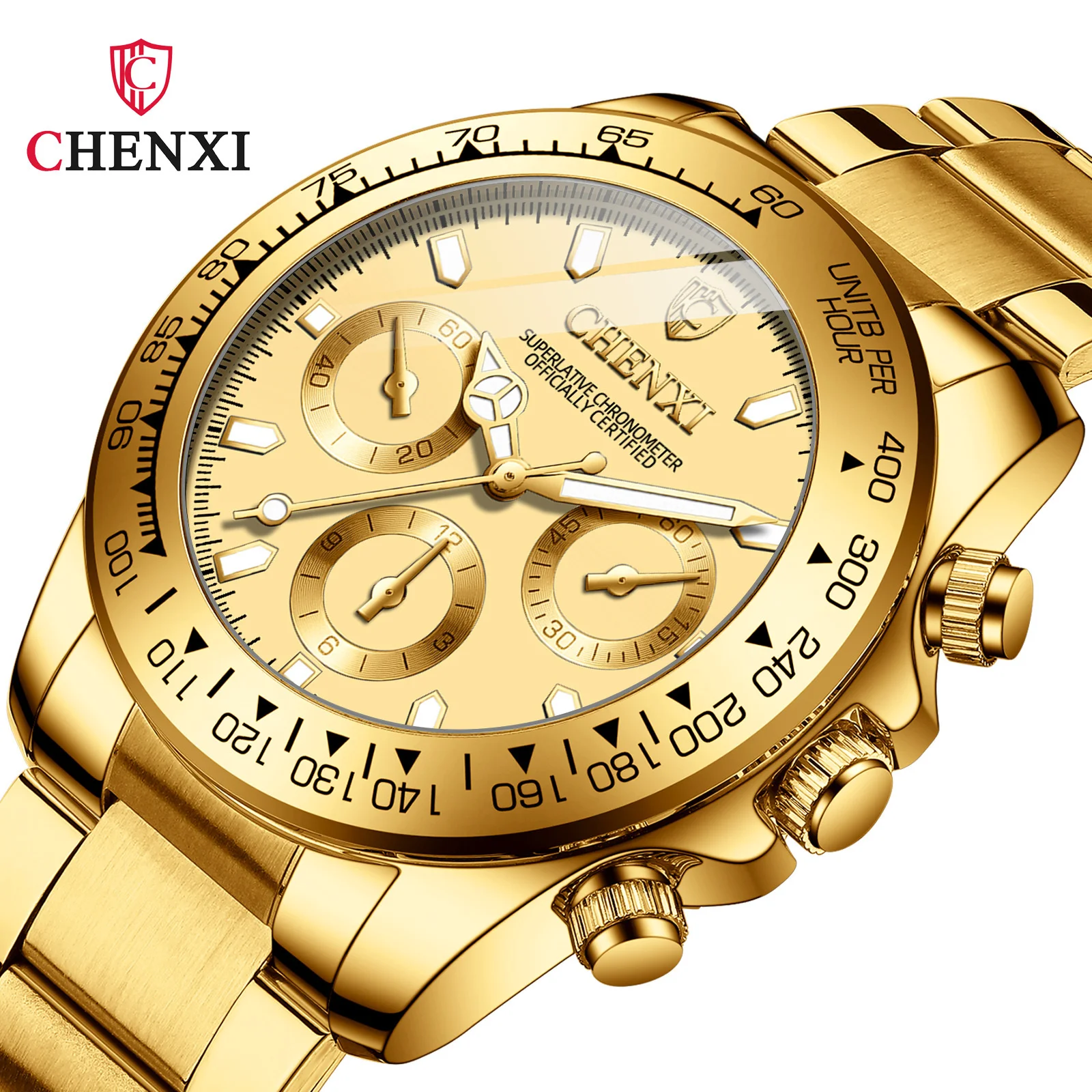 

CHENXI 086A Fashion Casual Quartz Clock 3 Eyes Gold Geneva Watches Stainless Steel Waterproof Business Wristwatch Free Shipping