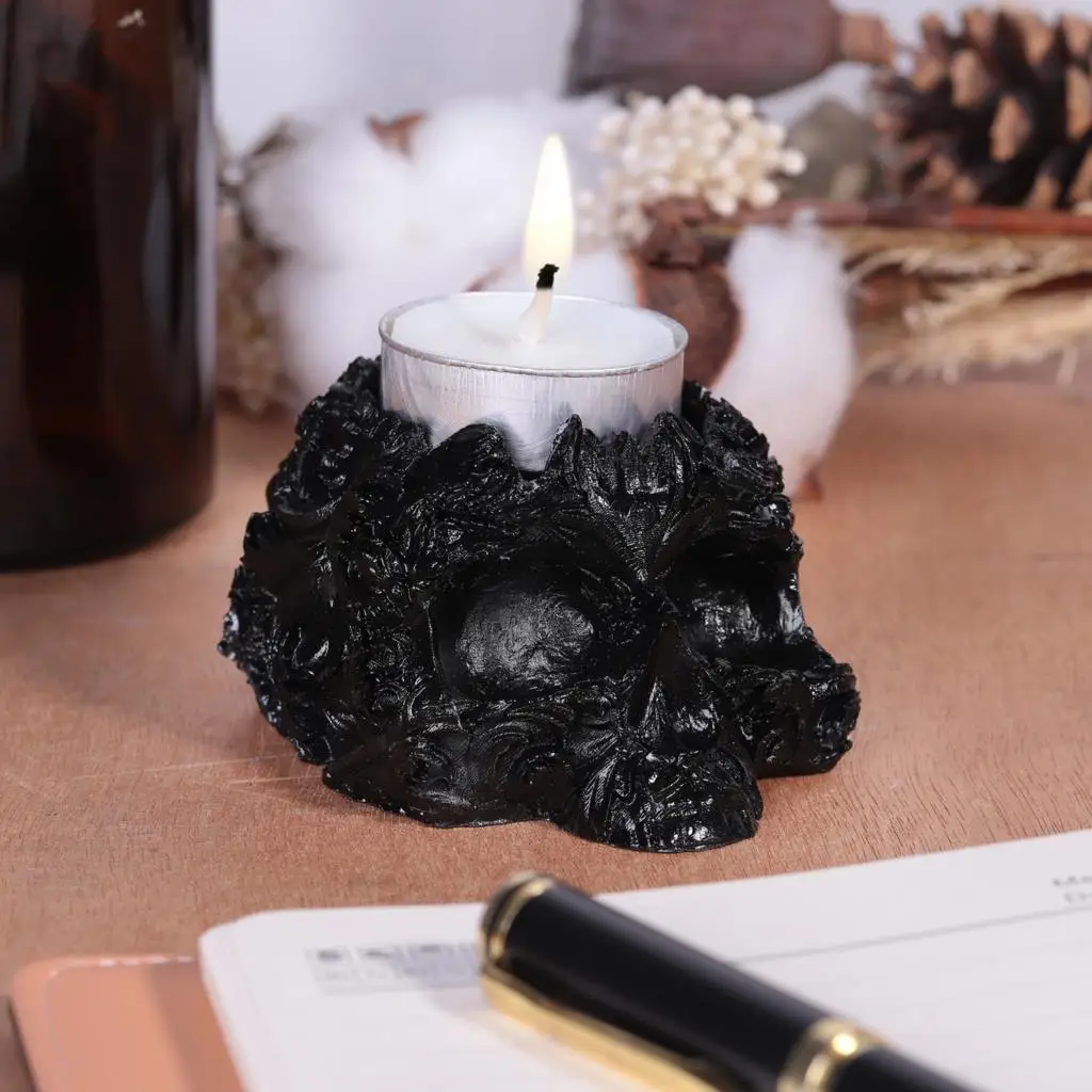 Gothic Style Engraved Skull Candlestick Drops Of Gum Resin Black Obsidian Candle Holder For Home Decor Desktop Ornaments