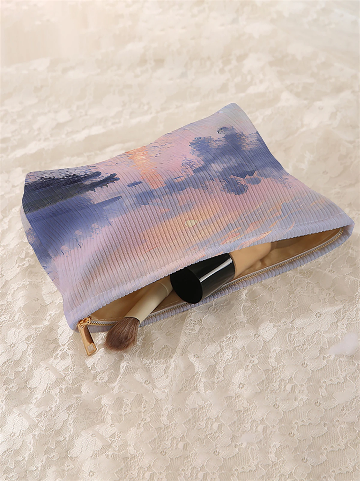 1 corduroy makeup bag, lightweight zipper makeup storage box, multifunctional bag with lining