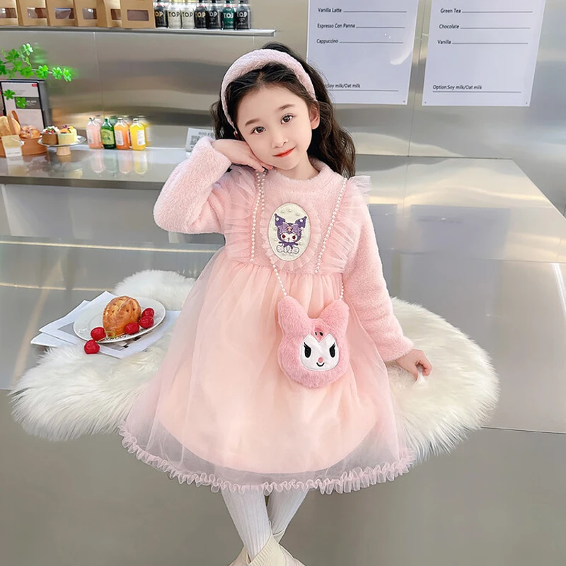 

Sanrioes Autumn Winter Plush Girl Princess Dress Anime Kuromi Wedding Party Birthday Tutu Dress Kids Lolita Clothing Xmas Gift
