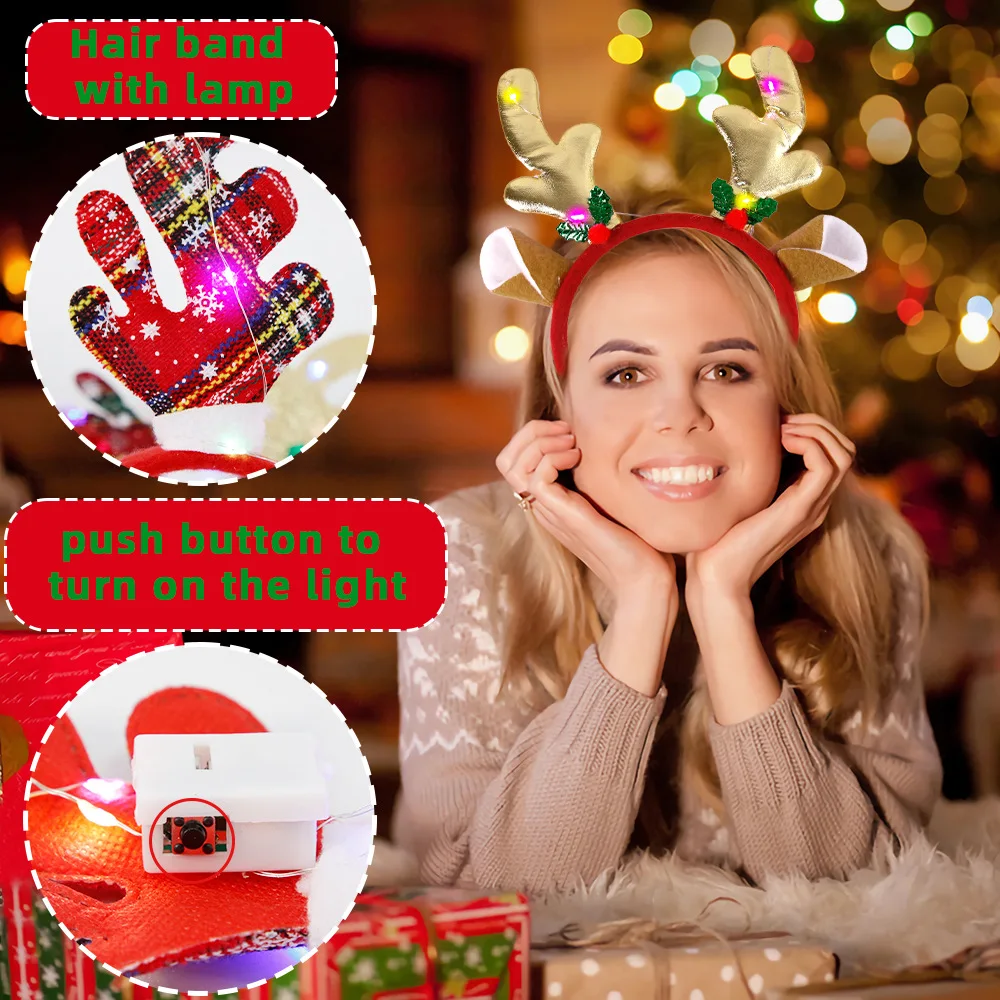 1pcs Christmas Themed Headband Bow Elk Snowman Hat Christmas Tree Headband With Light Navidad Decorations Supplies