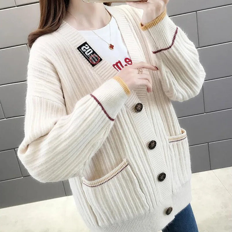 

Fashion All-match Single-breasted Knitted Cardigan Autumn Winter Korean Casual Solid Pockets Spliced Sweaters Women's Clothing