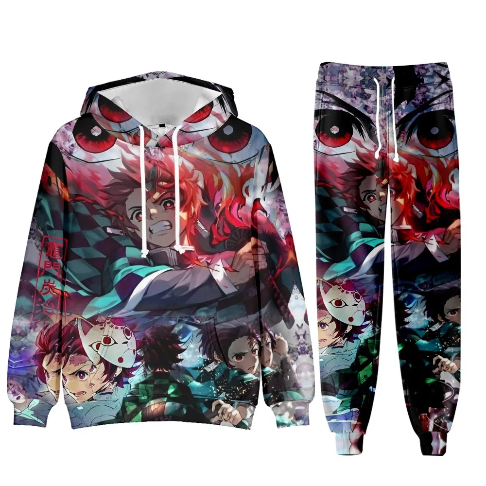 Anime Demon Slayer Hoodies 3D Printed Cosplay pants+Hoodie 2PCS Set Tracksuit Men Oversize Vintage Streetwear Hoodie Pants Sets 5