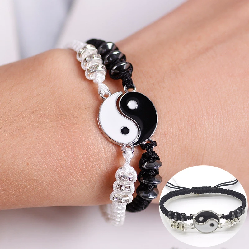 Handmade Tai Chi Yin Yang Couple Bracelets Alloy Pendant Adjustable Braid Chain Matching Lover Bracelets Necklaces Friendship metal bracelet