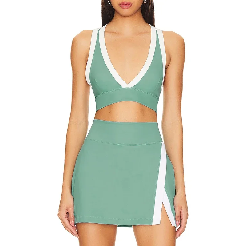 Women 2 Piece Sets Sport Golf Tennis V-neck Crop Top Backless + Skirts Athletic Training Clothes