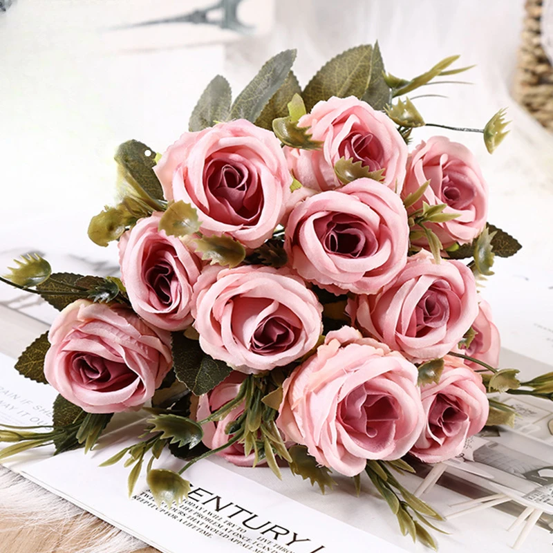 6forksArtificialFlowerSilkRosewhiteEucalyptusleavesPeony