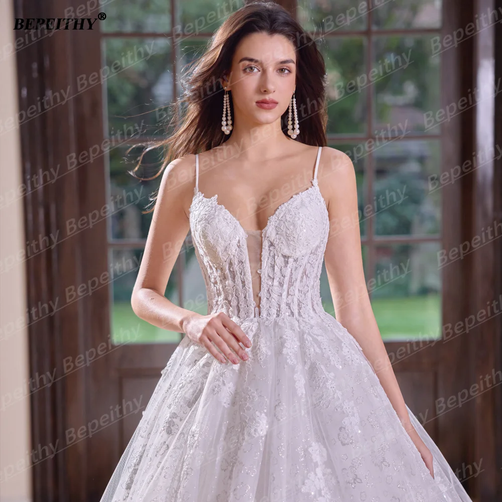 BEPEITHY Customizd Glitter V Neck Lace Wedding Dresses For Women Plus Size Ivory A-Line Bride Spaghetti Straps Bridal Gown 2026