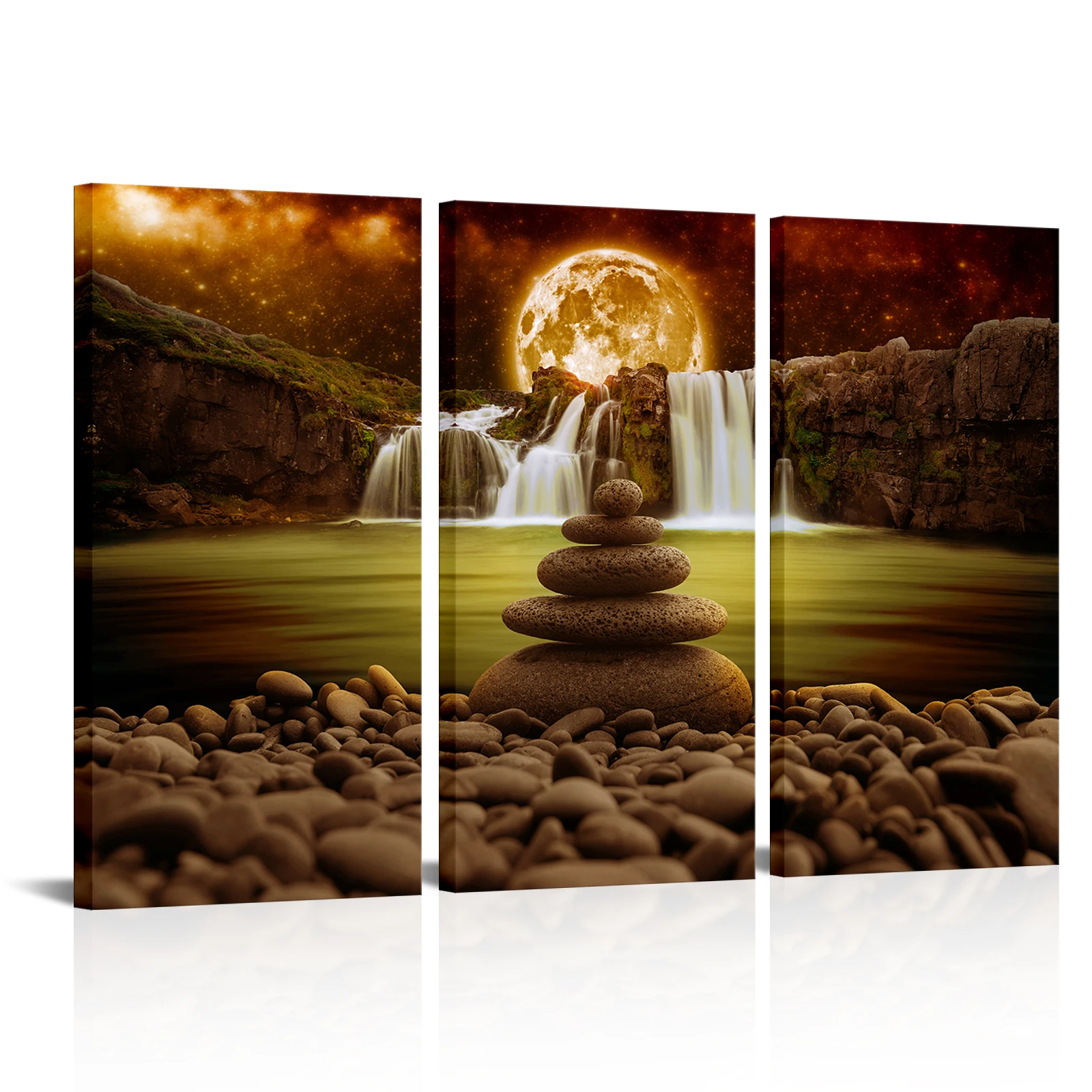 

3 Pieces Cobblestone Wall Art Poster Waterfall Under Full Moon Print Canvas Painting Modern Style Picture Living Room Wall Decor