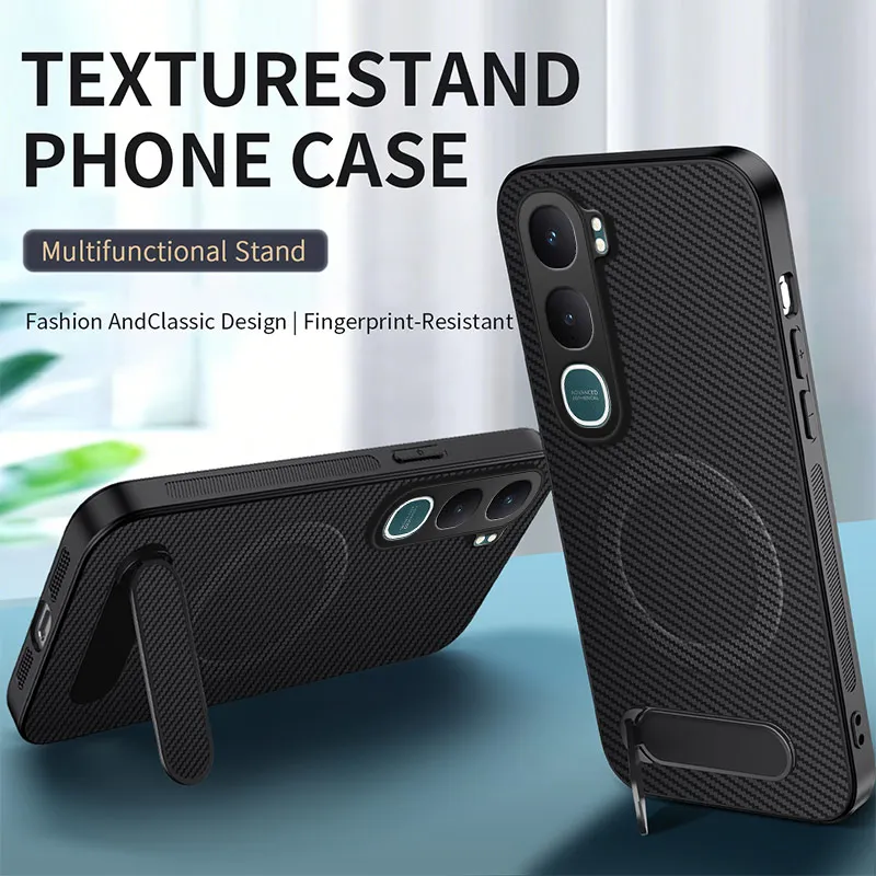 Business Carbon Fiber Magnetic Phone Case with Foldable Kickstand and Anti-Fall Texture Cover