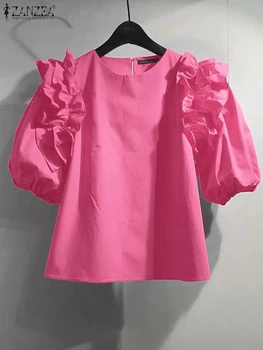 ZANZEA Women Summer Chic Blouse Korean Fashion Puff Short Sleeve Tops Vintage Ruffle Patchwork Tunic Casual Round Neck Loose Top 1