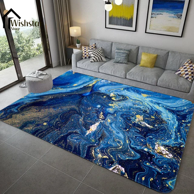 Alfombra de mármol azul abstracto 3D para sala de estar, alfombra de estilo  nórdico al lado