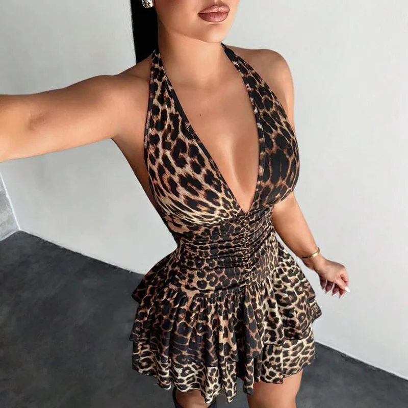 Deep V Leopard Print Slim Fit Mini Dress Casual Sleeveless Suspender Club Party Dress Fashion Hollow Backless Beach Short Dress