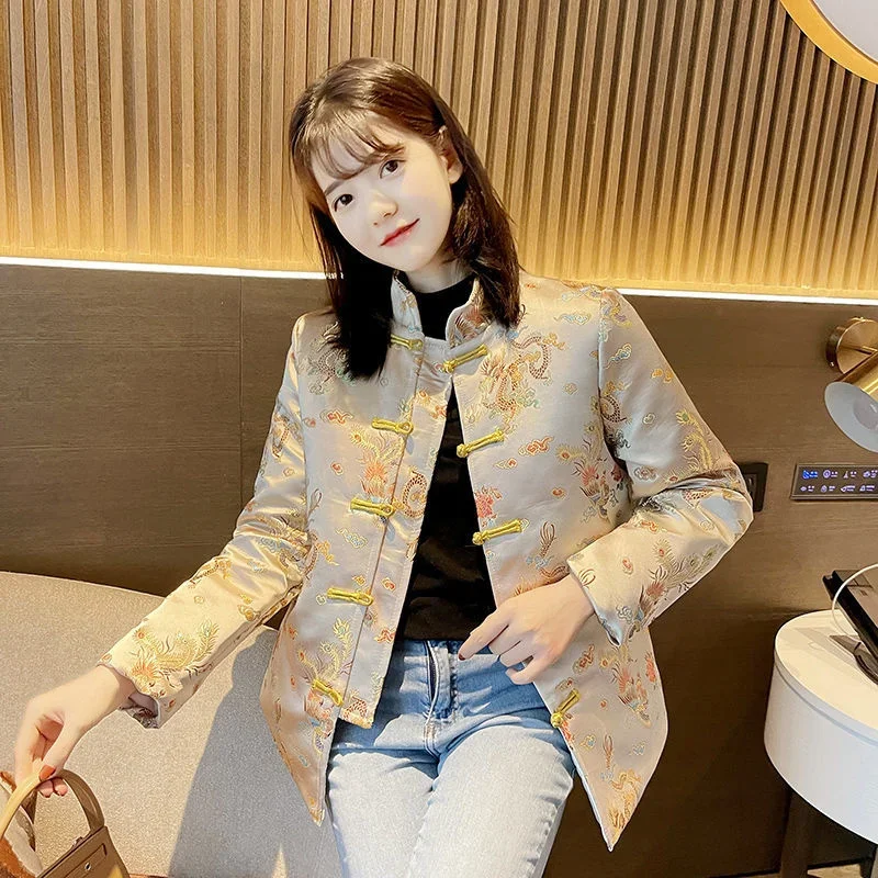 Autumn Winter Embroidery Chinese Style Jacket Black Hanfu Women Ethnic Short Coat Tang Suit Female Vintage Tops Stand Collar New