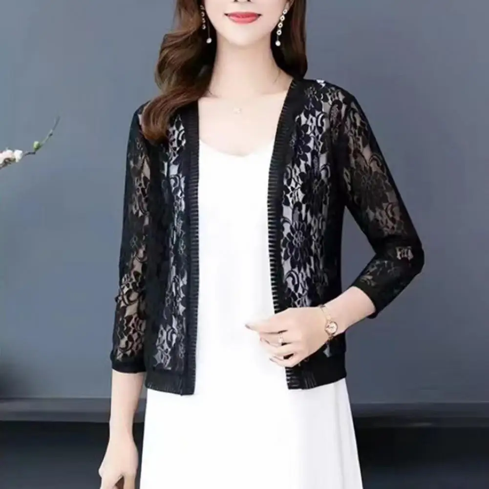 

Women Floral Lace Cardigan Solid Color Women Short Lace Cardigan Ladies Summer Short Top Cover Up