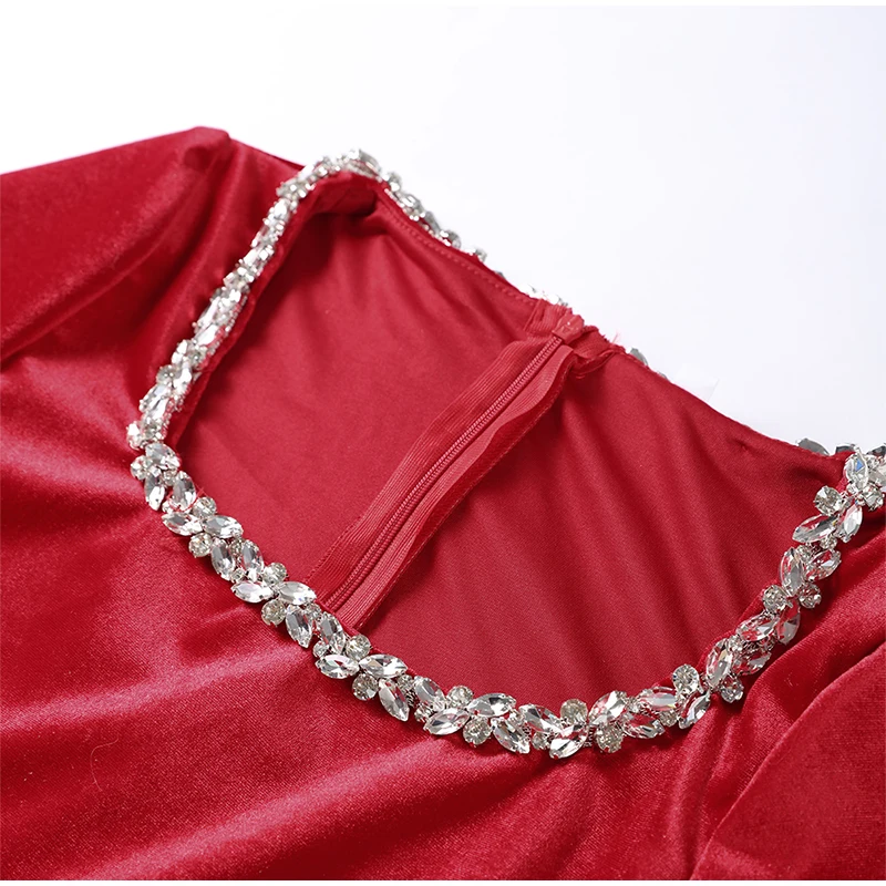 Vestido de terciopelo con cuello cuadrado y cuentas de manga larga para mujer, cintura alta, corte en A, para fiesta, Navidad y noche, nuevo