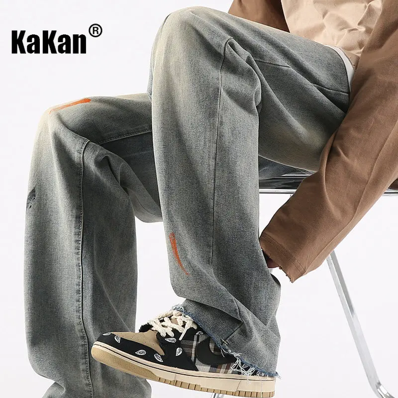 Kakan - Spring/Summer New Vintage Washed Old Jeans Men's Wear, Straight Loose Lacquered Long Jeans K024-LQS931