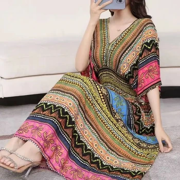 Autumn Chic Trend Sweet Casual Countryside Printed Dress V-Neck Batwing Short Sleeved Midi Dress Holiday Maternity Dress