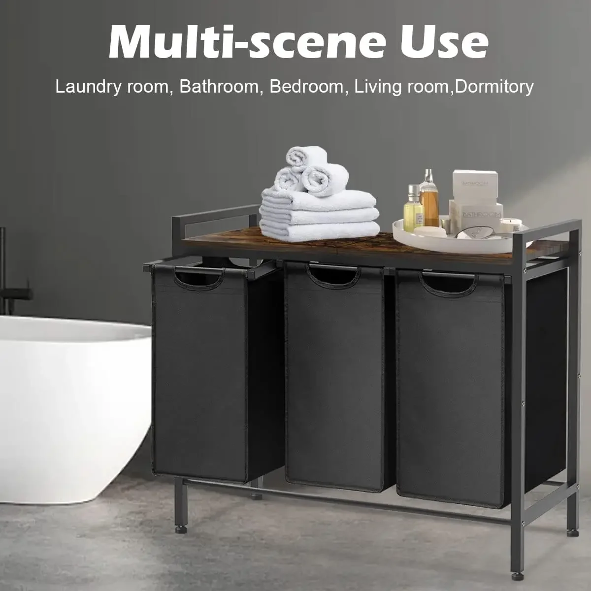 Large Laundry Hamper Sorter with 3 Removable & Pull-Out Sorting Bags, Wooden Top Shelf, Versatile Laundry Basket Organizer for L 6