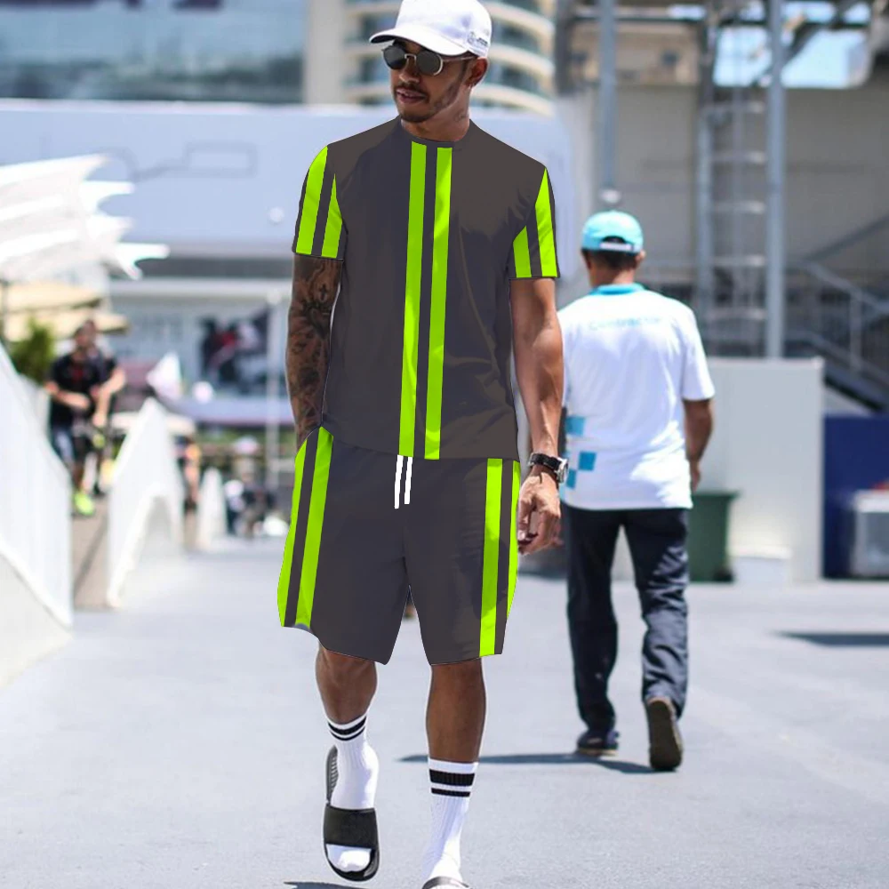 Summer Men's Solid Color Patchwork Shirt Set High Quality Men's Sport Jogging Short Sleeve Shirt Sportswear Two-Piece Set