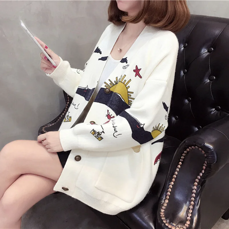 

Cardigan knitted sweater for women Korean version trendy cartoon anime embroidery loose sleeved sweater