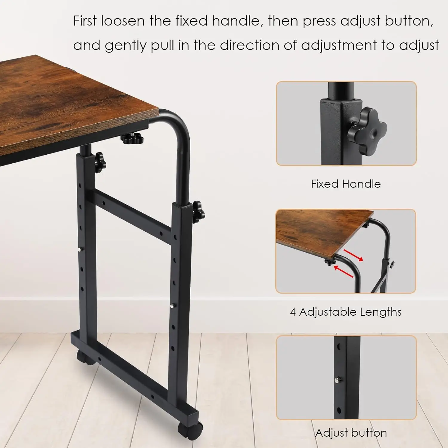 Overbed Table with Wheels,60.6-84.2&Prime; Mobile Bed Desk,Rolling Computer Desk, Laptop Cart,W/0-65&deg;Tilt Stand,4 Heights,6 Lengths
