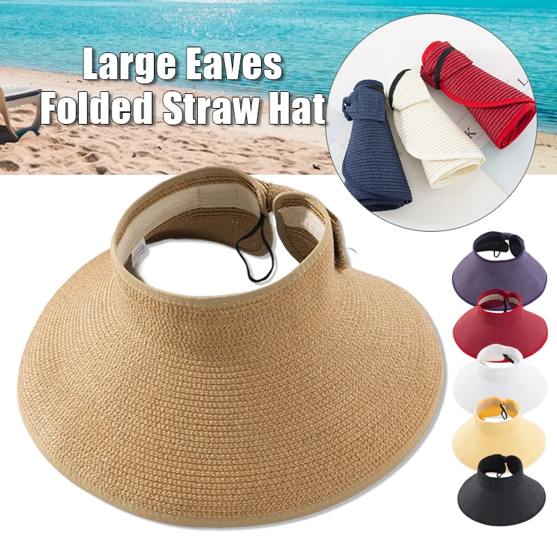 

Women's Straw Hats Holiday Beach Hat Summer New Girl Folding Topless Empty Bow Sun Visor Hats Large Brim Sunshade Protection Cap