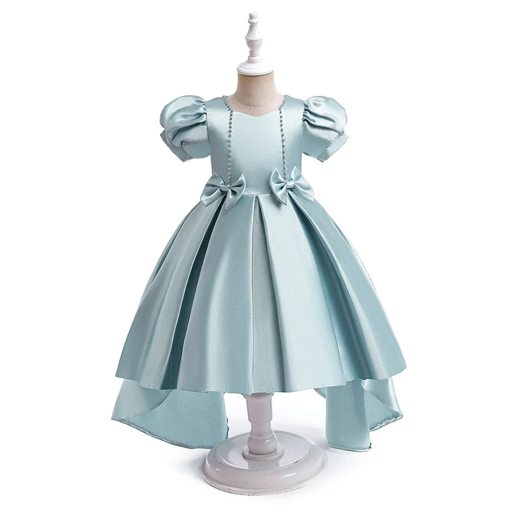 

4 to 12 Years Flower Girl Elegant Luxury Pearls Bow Hi- Low Dresses Kids Wedding Bridesmaid Party Vintage Birthday Clothes