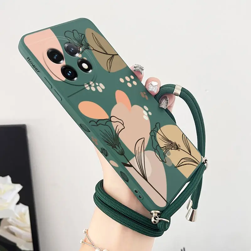 Elegant Artistic Line Flowers Crossbody Lanyard Silicone Phone Case