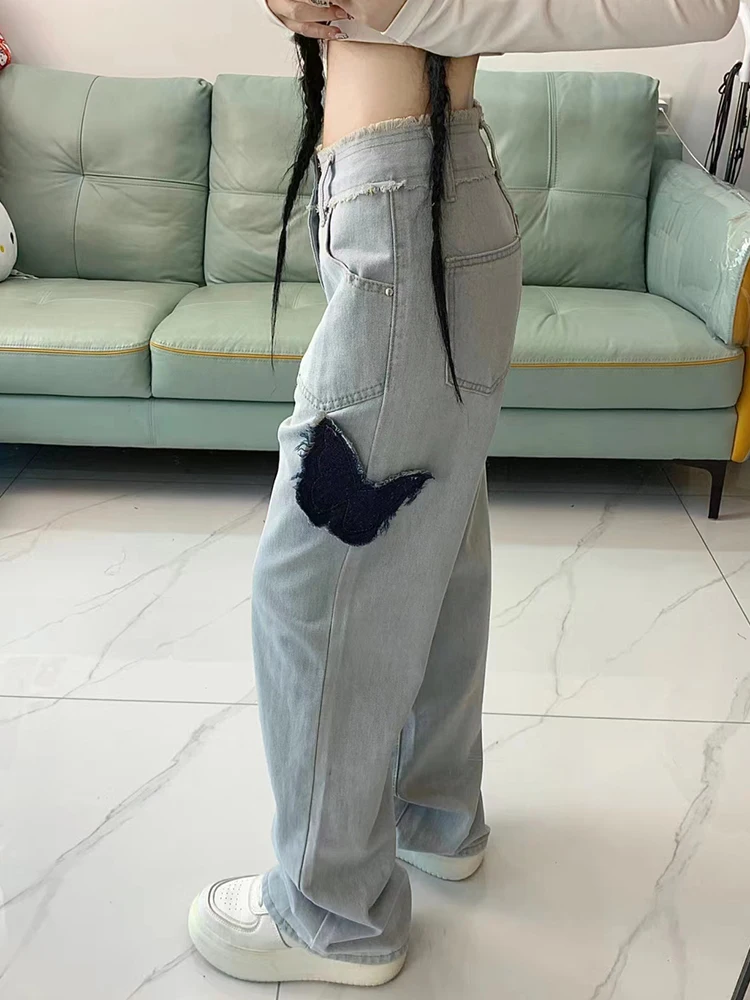 Light Blue Jeans Butterfly Applique Embroidery High Waist Straight Pants Loose Ripped Wide Leg Denim Pants Women Pocket Trousers