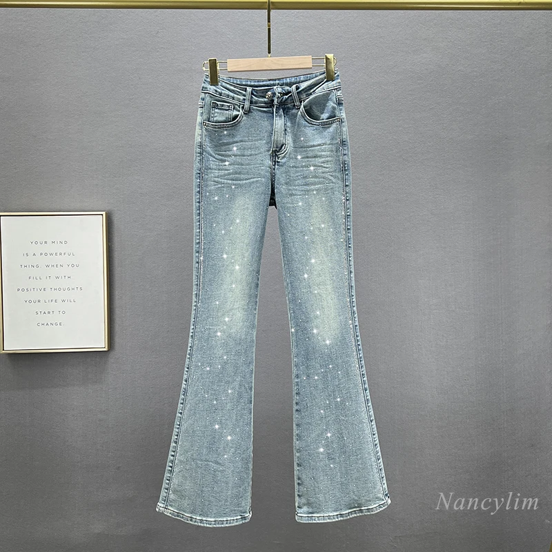 skinny-jeans-denim-boot-cut-pants-women's-trendy-2024-new-spring-high-waist-slim-fit-slimming-rhinestone-mop-pants-blue-trousers