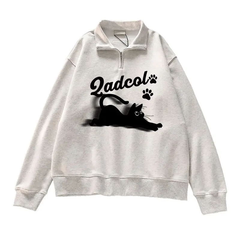 Polo Shirt Zipper Pullovers Cartoon Cat Sweatshirt Women Long Sleeve Streetwear Autumn Japanese Fashion Top