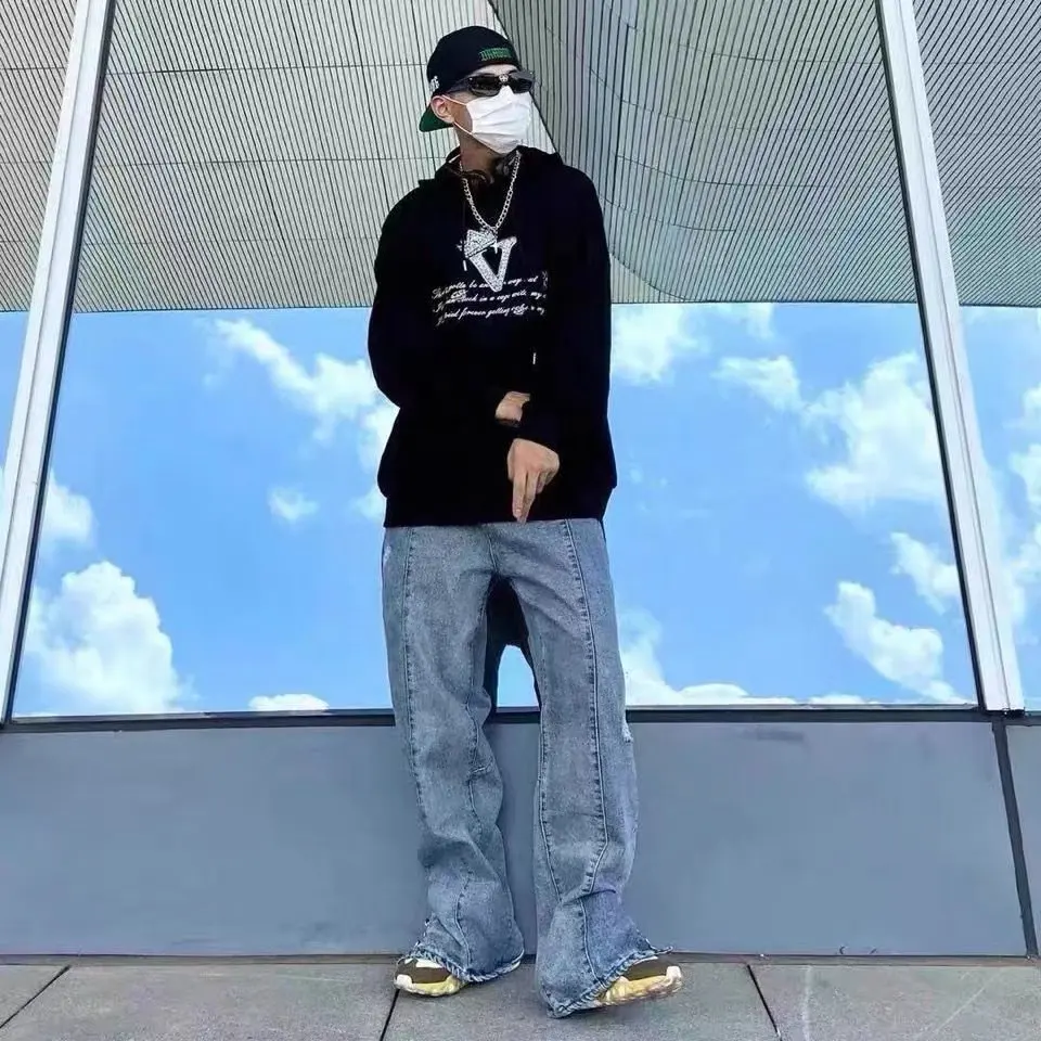 2022 New Fashion Letter Embroidery Vintage Men Baggy Jeans Trousers Ankle Button Distressed Hip Hop Denim Pants Luxury Pantalon