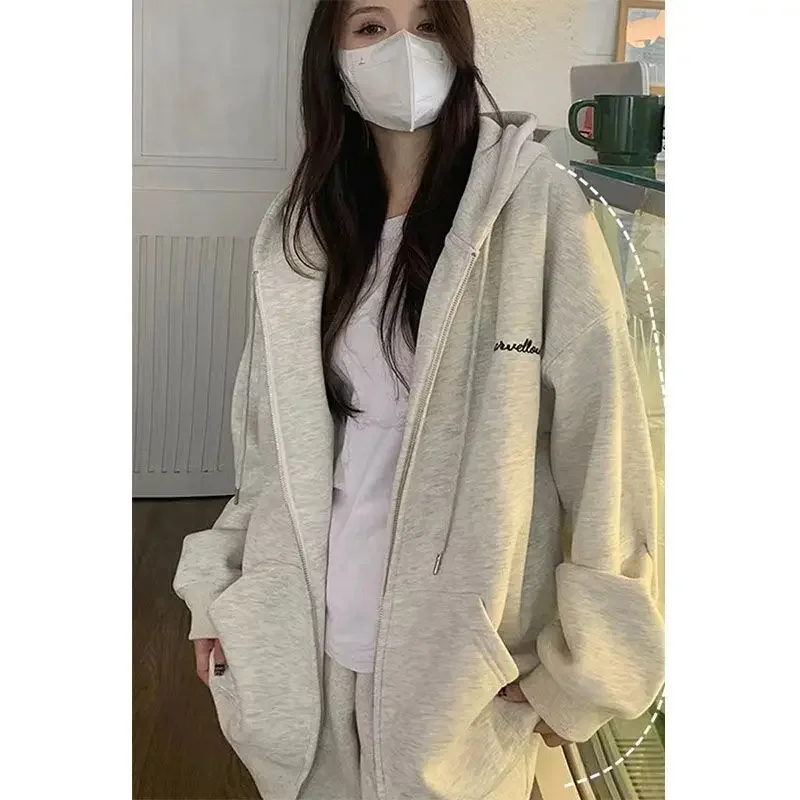 가을 회색 캐주얼 스타일 여성 맨투맨 가디건, 오버사이즈 지퍼 업 후드, 2024 컬렉션, Mmplus, 신상