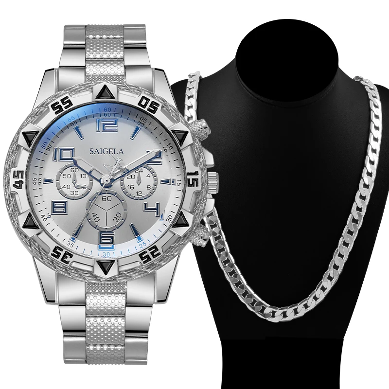 2PCs/Set Men's Watch Necklace Set Men's Fashion Quartz Watch Round Hip Hop Style Men's Watch Men's Gift