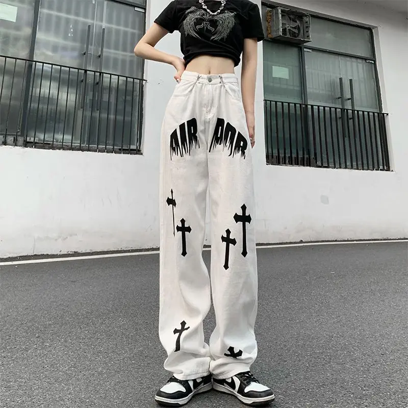 Hip Hop Streetwear Women White Jeans Oversize Loose New High Street Full Pants Fashion Casual Pockets Wide Leg Straight Trousers