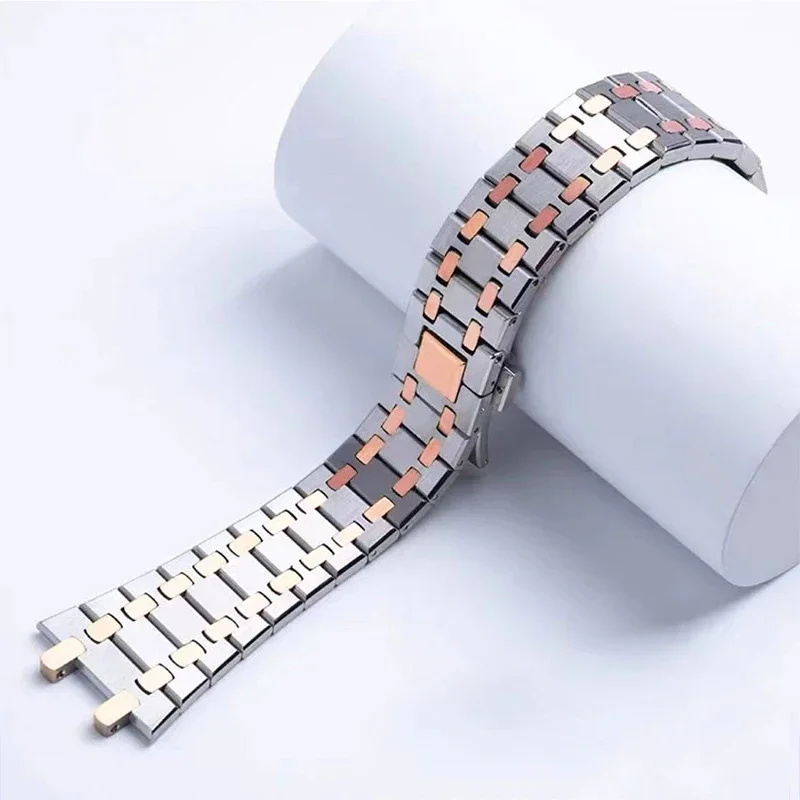 Elegant Two-Tone Stainless Steel Watch Band Bracelet with Folding Buckle