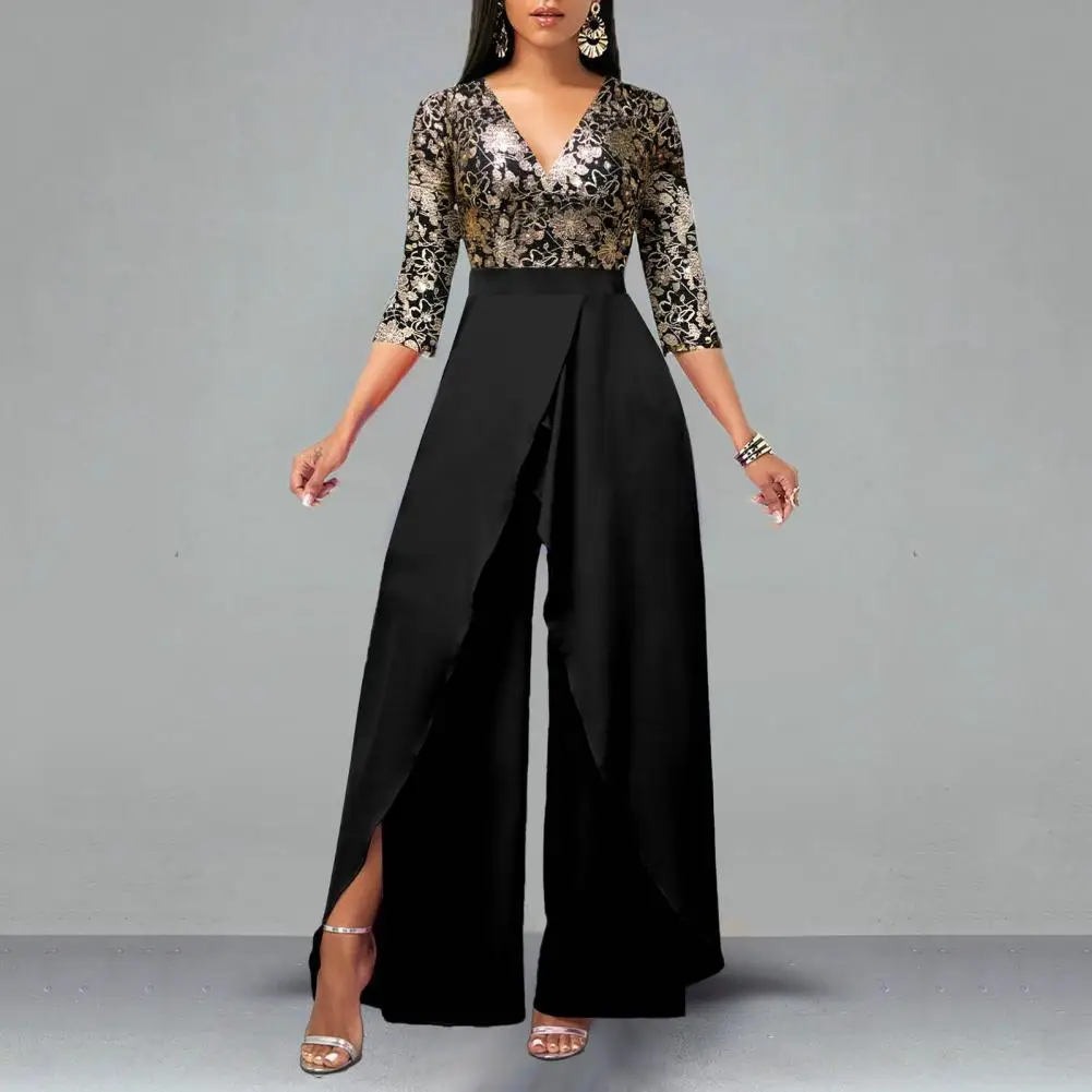 Fall Women's V Neck 3/4 Sleeve Jumpsuit Women's Slit Wide Leg Jumpsuit Gold Print Patchwork High Waist Party Prom Jumpsuit