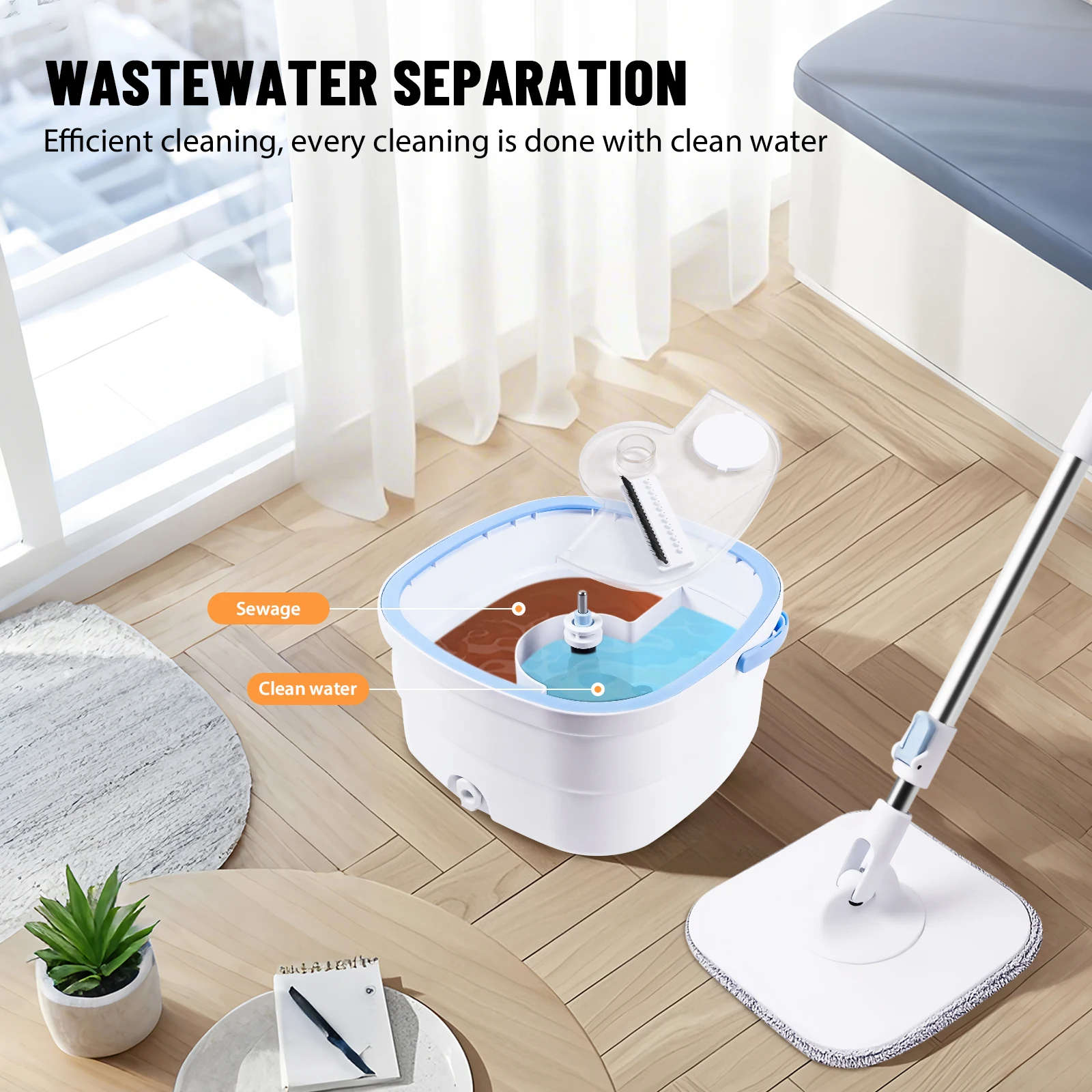 Wischmopp-Eimer-Set mit 360°-Drehfunktion ° Dreh-, Spül- und Auswring-System, 2 wiederverwendbare Mikrofaserpads für Hartholz-, Fliesen- und Laminatböden – Detail 7