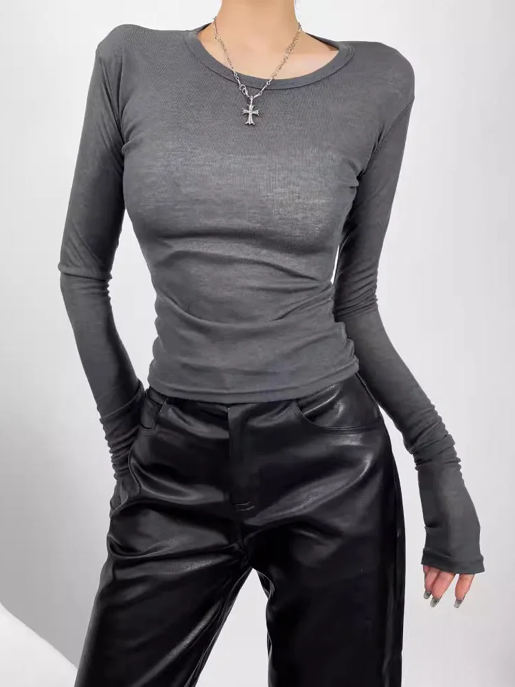 598759-379300.jpg Women Crew Neck Fitted Long Sleeve Semi Sheer T-shirt - Image 1