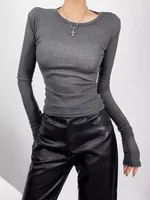 Women Crew Neck Fitted Long Sleeve Semi Sheer T-shirt