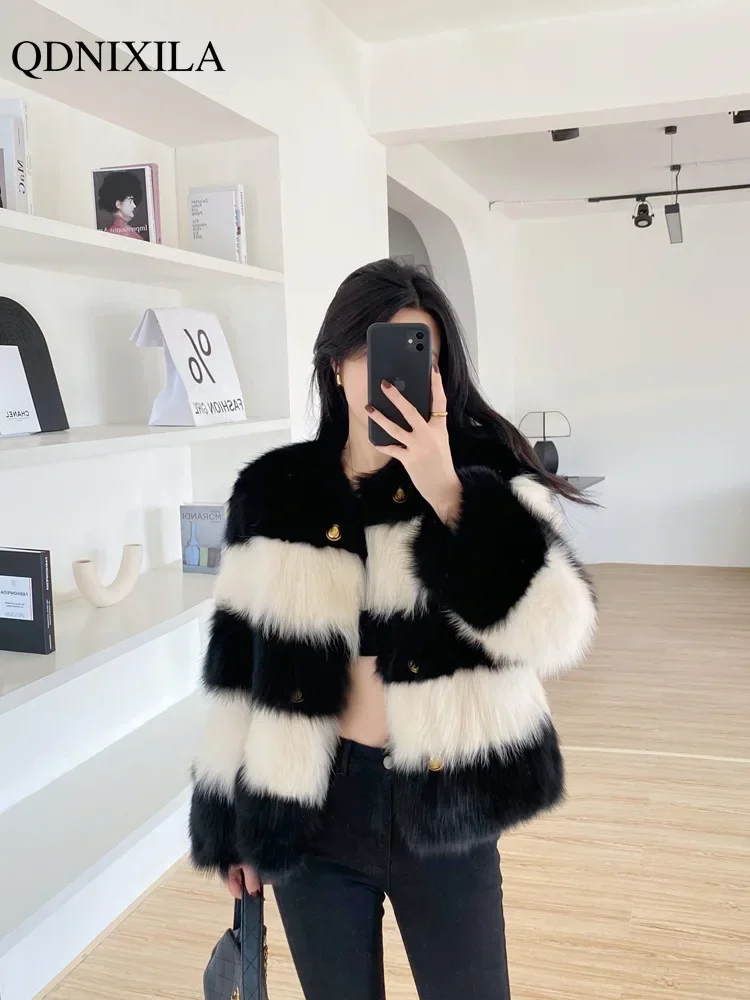 

Зимнее роскошное элегантное женское пальто из искусственного меха Новинка 2023 черно-белая полосатая Высококачественная теплая куртка из лисьего меха модная верхняя одежда